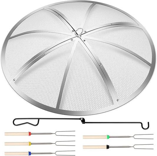 Fire Pit Spark Screen 30 Inch Round, Heavy Duty Stainless Steel Outdoor Fire Pit Screen Cover with Foldable Hook & Marshmallow Sticks, Mesh Spark Protector for Backyard, Camping, Beach