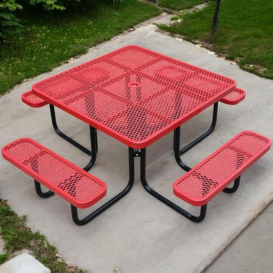 46Inch Square Picnic Table for 8 Person, Outdoor Heavy Duty Sturdy Picnic Tables with 4 Benches & Umbrella Hole, Commercial Metal Patio Picnic Table for Garden, BBQ, Coffee Store, Party, Porch (Red)