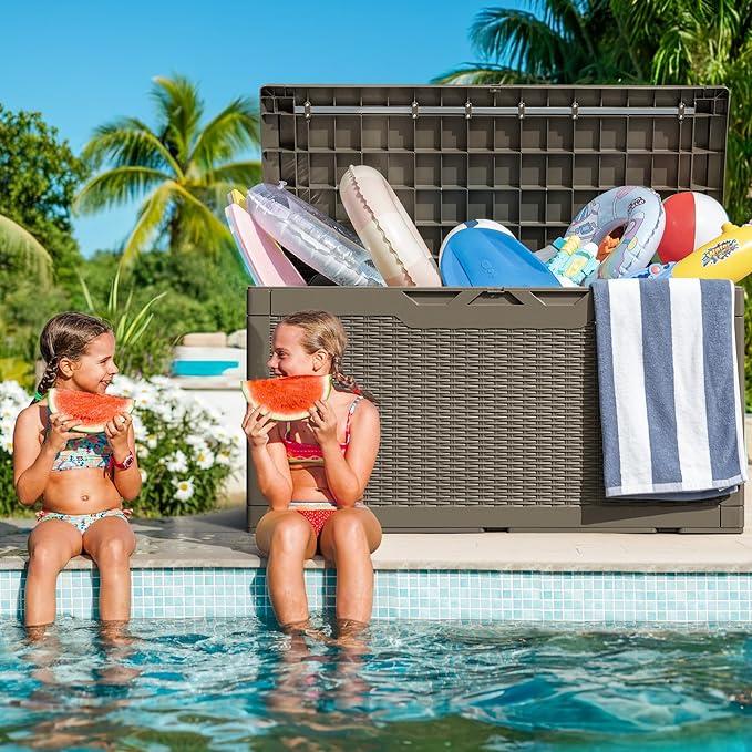 Greesum 100 Gallon Resin Deck Box Large Outdoor Storage with Cushions for Patio Furniture, Garden Tools, Pool Supplies, Weatherproof and UV Resistant, Lockable, Light Coffee