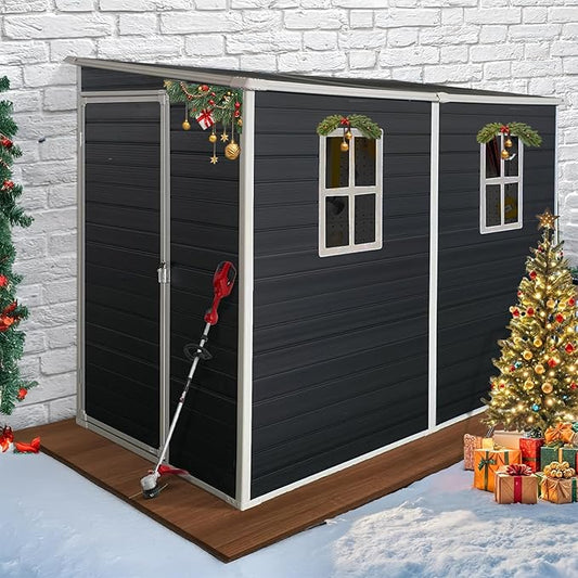 8x4ft Lean to Shed, Resin Outdoor Storage Shed with Floor and 2 Windows, Plastic Sheds & Outdoor Storage Clearance for Patio Furniture, Garden Tools Bike Accessories, Beach Chairs