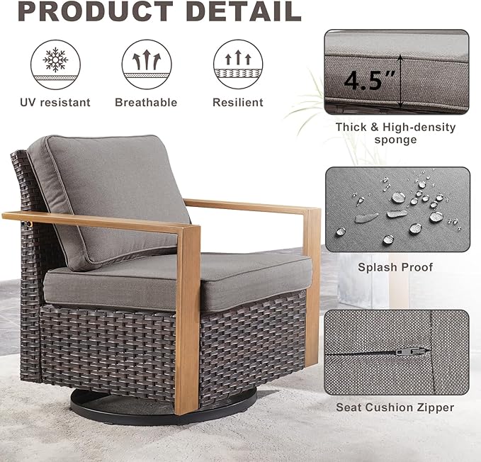 Rilyson Outdoor Wicker Patio Furniture Set - 5 Piece Patio Conversation Set with 2 Wicker Swivel Rocker Chairs,2 Rattan Ottoman and 1 Couch,Thick Cushions,Deep Seating,Wide Armrest(Brown/Grey)