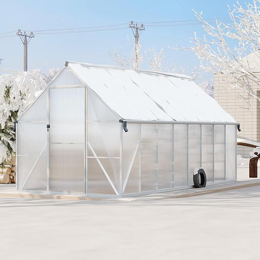 Polycarbonate Greenhouse for Outdoors, Large Walk-InGreenhouse with Quick Setup Structure and Roof Vent, Greenhouse with Ventilation