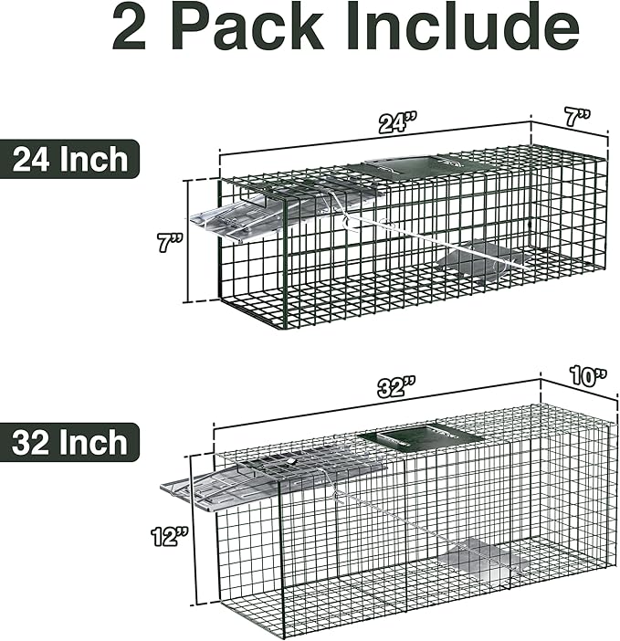 HOMESTEAD 2-Pack Live Animal Trap - Specialized for Raccoons, Opossums, Groundhogs, Skunks, Feral Cats, Squirrels - Heavy Duty Steel Traps, 1-Door, Green, Humane Catch & Release Animal Trap,89-302