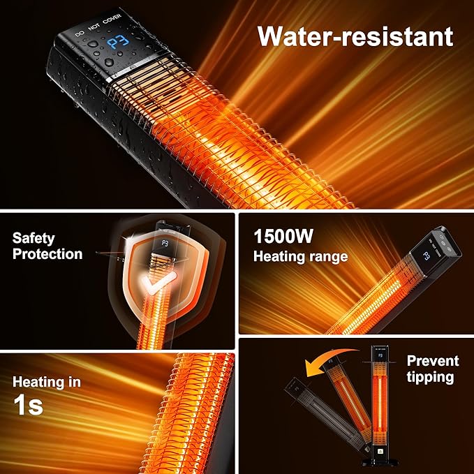 Patio Heater,1500W Outdoor Heater with 3 Heat Levels,Quiet Operation,Carbon Fiber Heating Tube, Remote,24H Timer, Tip-Over & Overheat Protection,Electric Heaters for Garage,Backyard,Porch Black