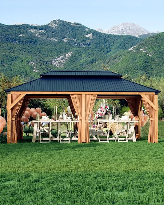 GarveeLife Hardtop Wood Gazebo 12 ft x20 ft for All Weather, with Double Metal Roof, Heavy Duty Wooden Frame, Net, and Curtain, Permanent Building for Patio, Deck, Backyard, Lawn, and Garden, Khaki