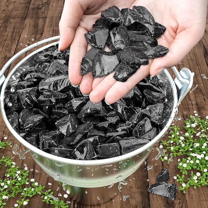 GRISUN Onyx Black Fire Glass for Fire Pit, 10 Pounds 1/2 Inch Tempered Glass Rocks for Natural or Propane Fireplace, Safe for Outdoors and Indoors Firepit Glass