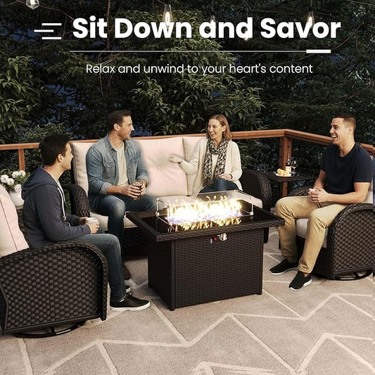7 Pieces Patio Furniture Sets with Fire Pit Table, Wicker Rattan High Back Outdoor Armchairs Set with 3-Seat Couch, Ottomans and Side Table