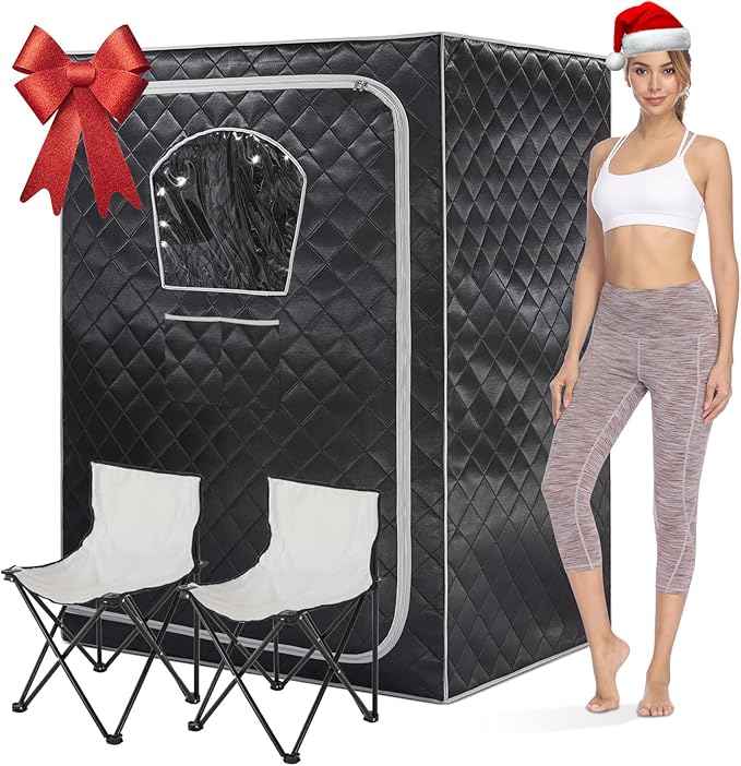 Gollense 2 Person Sauna Portable Steam Sauna Tent with 2 Folding Chairs, Full Size at Home Steam Box for Relaxation Indoor Personal Home Spa, Steamer NOT Included, Black