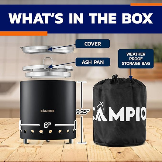 Wood Burning Fire Pit Stove with Black Exterior - Smokeless Outdoor Stove for Efficient Wood Fires, Camping, and Gatherings, Stainless Steel with Removable Ash Pan, Stand and Carry Bag