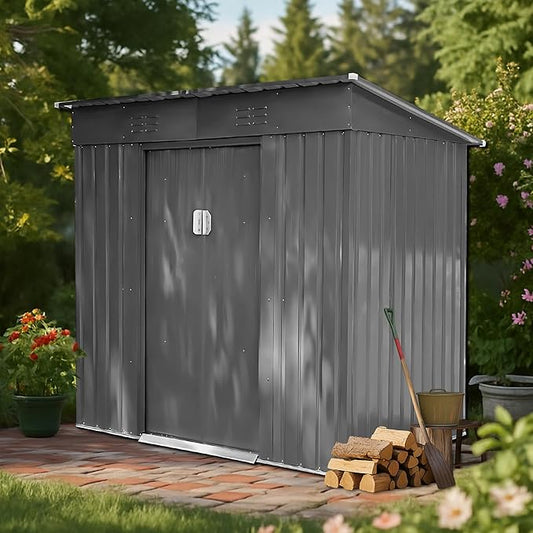 6x4 FT Outdoor Metal Storage Shed with Lockable Door, All-Weather Garden Shed with Sloping Roof & Waterproof Design, Durable Tool Shed for Backyard, Patio, Light Gray