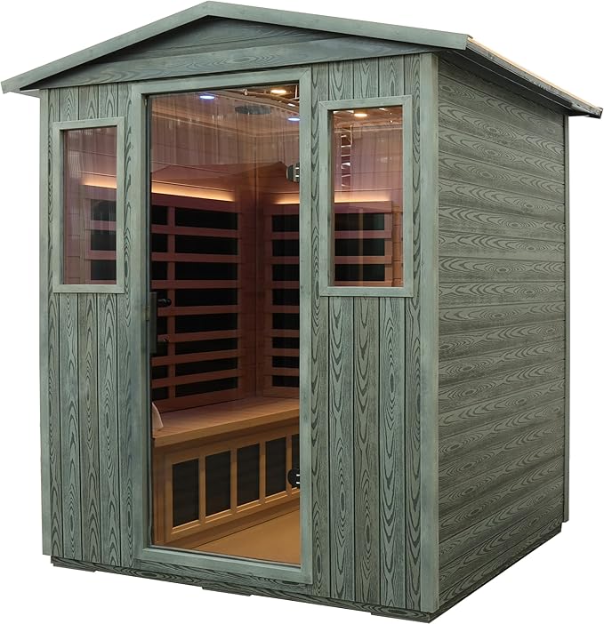 LTCCDSS Carbonized Composite Wood Outdoor Sauna 4-Person - Low EMF Far Infrared Sauna for Home - Bluetooth Speakers, LED Reading Lamps, Chromotherapy Lights (68.1 * 52.4 * 82.7 inch)