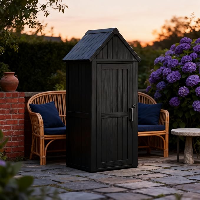 Outdoor Storage Shed with Removable Shelves, Waterproof Resin Outdoor Storage Cabinet for Small Patio, Balcony, Backyard, Vertical Storage Shed with 12 Hooks for Garden Tools, Grilling Supplies, Black