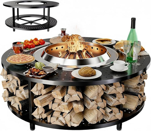 Fire Pit Surround Tabletop for Solo Stove Bonfire 1.0&2.0,Ranger 1.0&2.0, 41" Fire Pit Surround Tabletop with Wood Storage Shelf,Powder-Coated Steel Surround Tabletop with Extra Space and Raised Stand