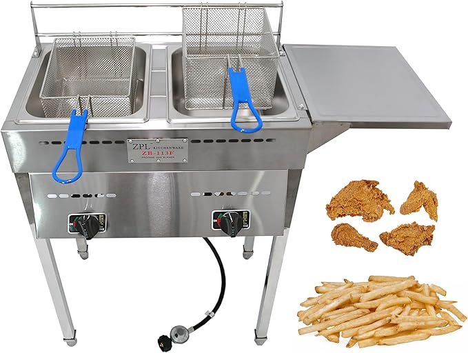ZPL Kitchenware Deep Fryer – Propane Deep Fryer for Outdoor- 18 Qt Stainless Steel Commercial Quality Double Fryer with Baskets, Lids & Hose - Ideal for Frying Fish, Wings, and More