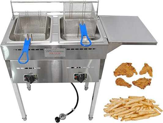 ZPL Kitchenware Deep Fryer – Propane Deep Fryer for Outdoor- 18 Qt Stainless Steel Commercial Quality Double Fryer with Baskets, Lids & Hose - Ideal for Frying Fish, Wings, and More