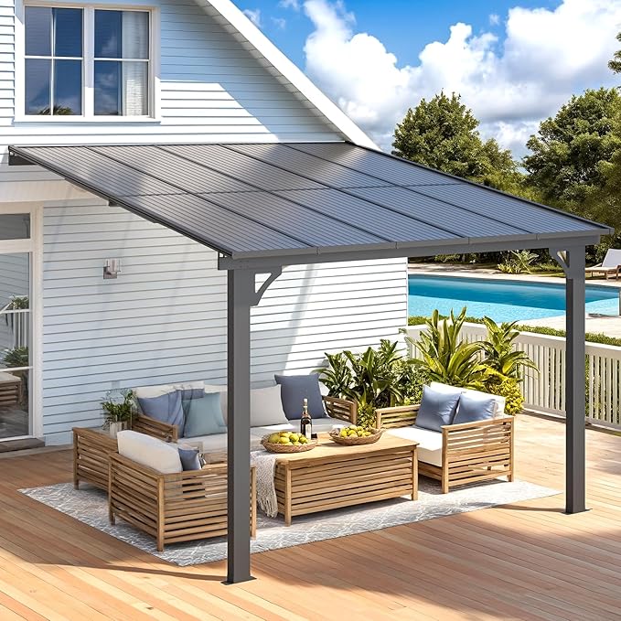 AECOJOY 10' x 10' Adjustable Height Outdoor Gazebo Pergola for Patio, Large Wall-Mounted 8.1-9.8 Ft Hard Top Lean to Metal Heavy Duty Metal Awnings Shelter Pergolas and Gazebos Clearance with Roof