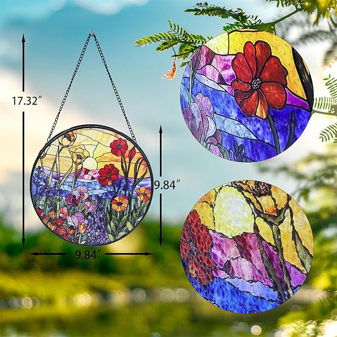 Stained Glass Sun Catcher,Wild FlowersStained Glass Window Hanging Garden Decor,Sun Catchers Indoor Window,Whimsical Decoration for Home Backyard Patio Lawn Porch with 9.8 INCH