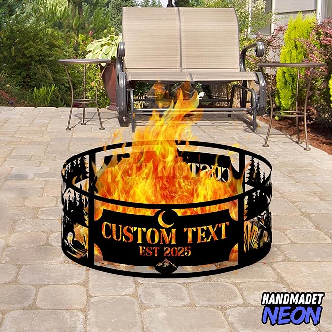 Personalized Fire Pit Ring 360 Degree, Outdoor Fireplace, Custom Text Fire Pits for Outside, Patio Firepit, Camping Bonfire Firepits, Garden BBQ Backyard Decor (Campsite)