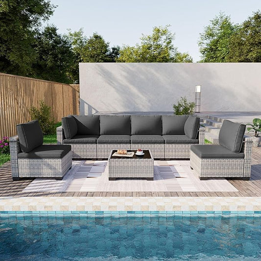 7-Piece Patio Furniture Set, Outdoor Sectional with Thick Cushions, Modular Patio Sofa, Dual-Strand Wicker Rattan, Rust-Resistant Frame, Backyard Furniture for Garden, Deck, Dark Black