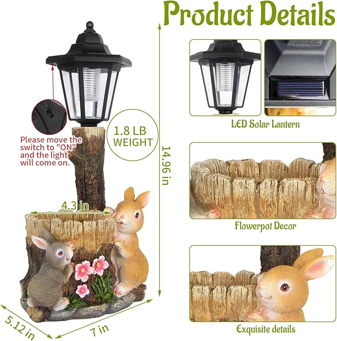 YEPOTUE Solar Bunny Garden Stalue Outdoor, Rabbits Figurine Flowerpot Decolwith Solar Lantem for Yard Art Lawn Ornaments Porch Patio Balcony - Gardening Gifts for Women Mom