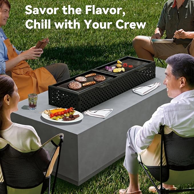 48'' Rectangular Propane Fire Pit Table, 3-in-1 50,000BTU Firepit Table with Griddle for Outside Patio, Backyard Decor, Grey