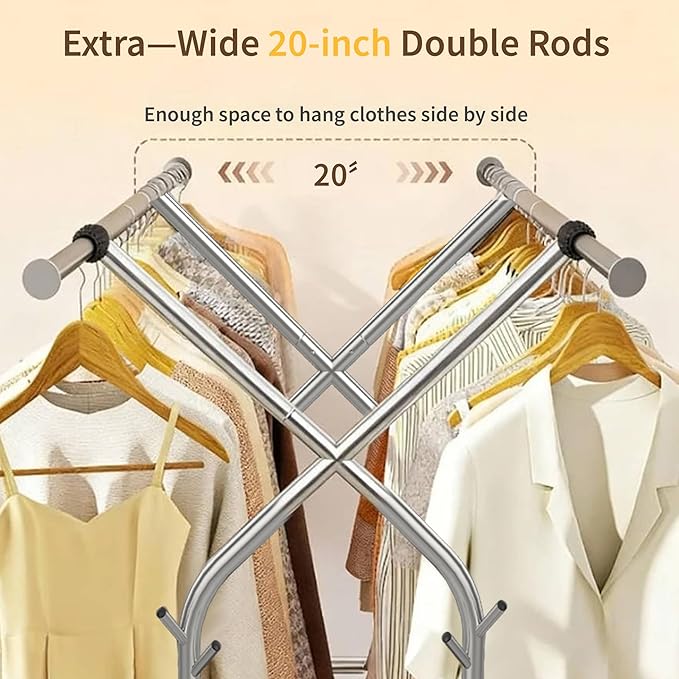 Heavy Duty Clothes Rack,Double Rods Clothing Rack for Hanging Clothes,Rolling Clothing Racks with Wheels,Metal Garment Rack for Bedroom Laundry Living Room,Light Silver