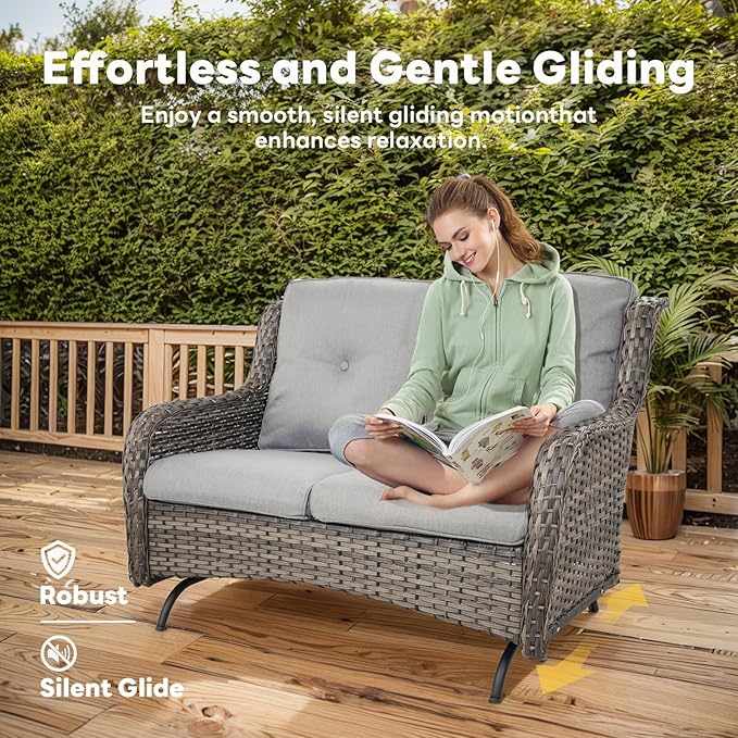 Belord 4 Piece Patio Furniture Set - Outdoor Glider Bench with Swivel Rocker Chairs and Coffee Table, High Back Small Outdoor Conversation Furniture Sets for Deck Sunroom Balcony Backyard