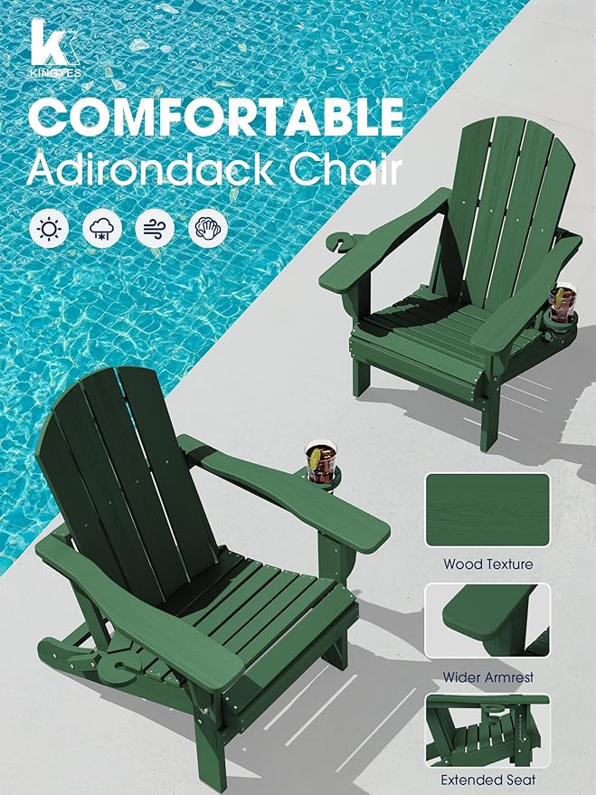 KINGYES Folding Adirondack Chair with Dual Cup Holders - HDPE All-Weather Outdoor Chairs, Wood-Like Patio Chair for Backyard, Camping, Pool & Fire Pit, Dark Green