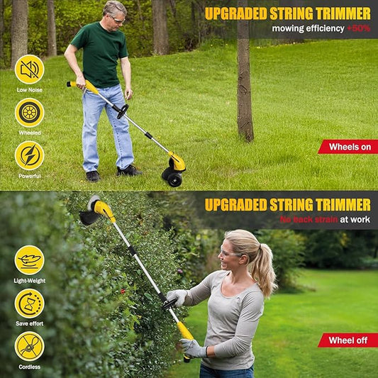 Aokia Weed Wacker Cordless for Lawn: Grass Mower with Roller - 2.0Ah Battery Powered for Hedge Clearance Yard Cutting Tree - String Trimmers for Garden Cutter Handyman Landscaper