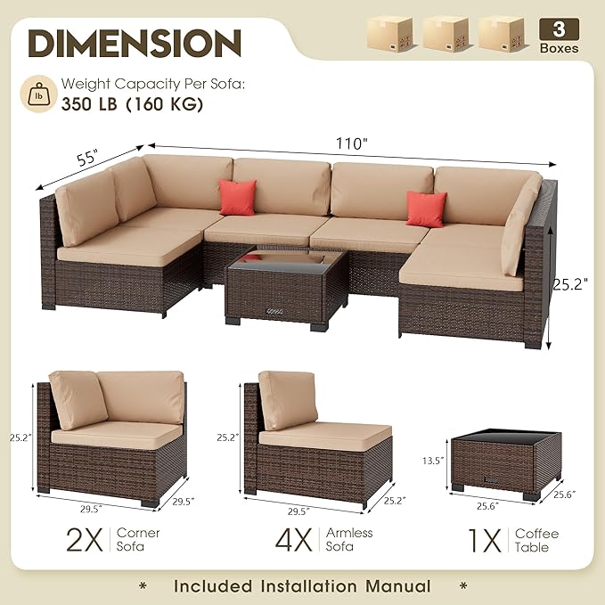 7 Piece Patio Sectional Furniture Set Outdoor Furniture Brown Rattan Outdoor Sectional & Patio Sectional - Hand-Woven Wicker Outdoor Sectional Beige Cushions Glass Table