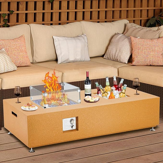 56 in Propane Fire Pit Table with Ice Bucket，50000BTU Fire Table with 13 in Square Drink Ice Bucket Wind Guard, Fire Glass Beads & CSA Safety Certified Outdoor Firepit for Patio Yard Garden(Orange)