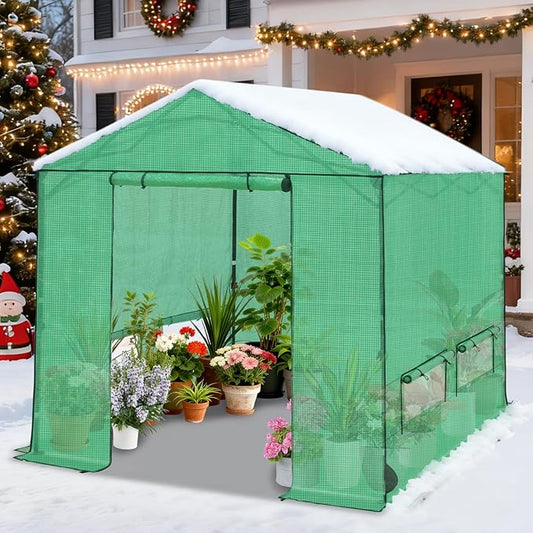 COOS BAY 8x8 FT Pop up Greenhouse Outdoor, Walk in Green House with Power Access Openings, Zippered Doors & Windows, Durable PE Cover, Green
