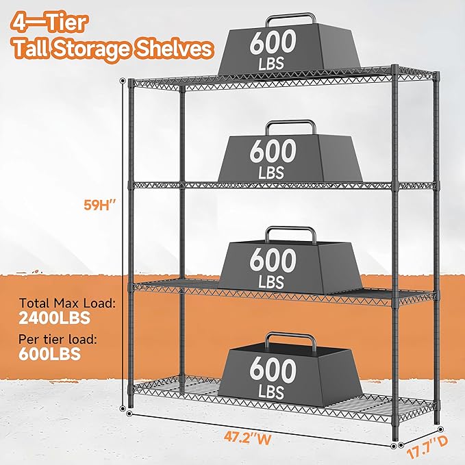 Stand Shelf Wire Rust-Proof Outdoor Storage Shelving 4-Tier Utility Shelving Unit for Garden Home,Kitchen,Office Dark Grey 17.7" D x 47.3" W x 59.4" H
