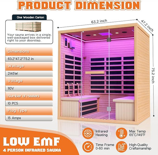 Albott Infrared Sauna 4 Person, Infrared Saunas for Home, Low EMF 2145W/110V Hemlock Wood Dry Sauna with Tourmaline Foot Warmer, 7-Color Light Therapy & Ambient Light Strips, 63.2"x47.2"x75.2"