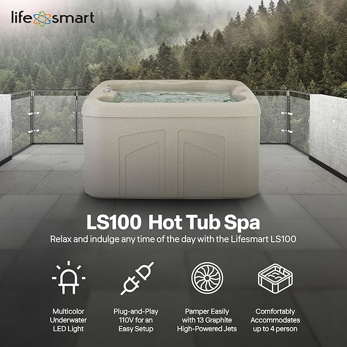 LifeSmart 4-Person Hot Tub, Outdoor Spa with Cover and LED Lights, Square, Beige - Above-Ground Spa Machine with Accessories for Home and Personal Relaxation