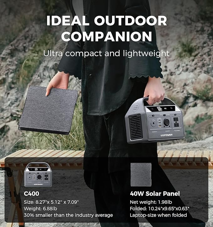 UDPOWER C400 Portable Power Station with 40W Solar Panel,256Wh LiFePO4 Battery Backup,400W AC Output (800W Surge),Solar Generator for Camping,RV,Emergency Power