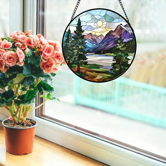 HKDGOKA Stained Glass Window Hanging Sunset View of Green Trees Mountain 9.8" - Suncatcher Door Garden Sun Catcher Home Decor Birthday Christmas for Woman Nana Friend Men Mom