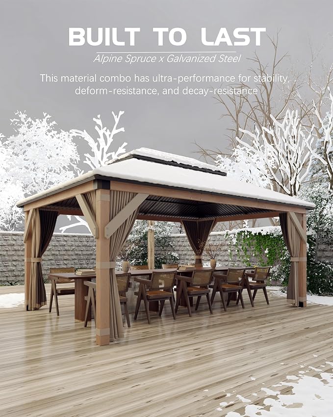 GarveeLife Hardtop Wood Gazebo 10 ft x12 ft for All Weather, with Double Metal Roof, Heavy Duty Wooden Frame, Net, and Curtain, Permanent Building for Patio, Deck, Backyard, Lawn, and Garden, Khaki