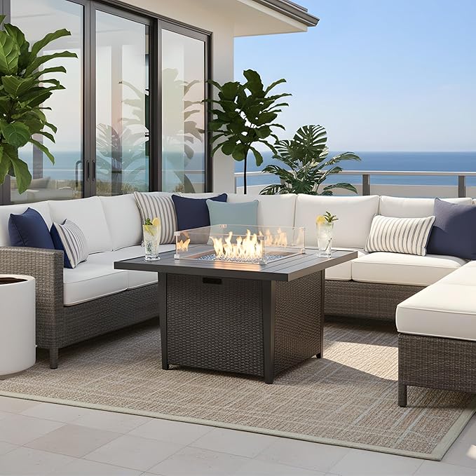 Kinger Home Ethan Rattan 42-Inch Propane Gas Fire Pit Table, Outdoor Patio Firepit, 50,000 BTU, CSA Certified, Includes Wind Guard & Fire Glass