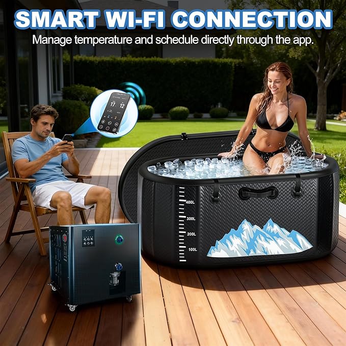 Cold Plunge Tub, 248 Gallon, 1 Horsepower, Heavy-Duty Ice Bath Tub for Athletes with Hot & Cold, Portable Inflatable Plunge Chiller with Water Treatment Kit, Immersion Therapy, WiFi (Black, 1 Set)