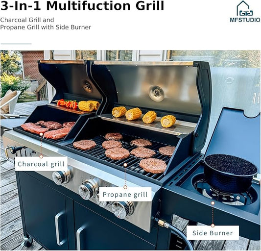 MFSTUDIO 3 In 1 Gas and Charcoal Grill Combo with Side Burner, Porcelain-Enameled Cast Iron Grate, Extra Large Dual-Function BBQ Propane Grills for Outdoor Barbecue Cooking, 690 SQIN Cooking Area