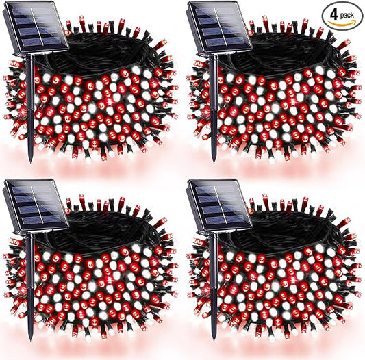 4 Pack 180FT Solar Christmas Lights Outdoor Waterproof, Super Bright 320 LED Solar String Lights with 8 Lighting Modes, Green Wire Solar Twinkle Tree Lights for Outside Xmas Party(Red and White)