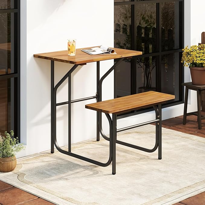 Tangkula Patio Dining Bench Set, Heavy-Duty Outdoor Acacia Wood Dining Furniture with Metal Legs for Balcony, Backyard, Poolside, Garden (2,32” x 27.5” x 29.5”)