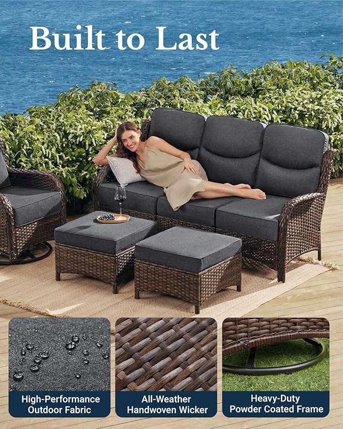 HILLGA Luxury Patio Furniture Set with 6-Inch Thick Cushions, High Back Outdoor Swivel Rocker Chairs and Patio Couch, 11-Piece All Weather Conversation Set for Porch Deck Pool Yard, Dark Grey (V3)