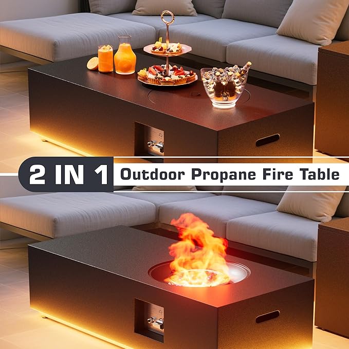 48 inch Propane Fire Pit Table LED, 2 in 1 Rectangular Outdoor Fire Pit with 20lb Tank Cover, Outside Patio Deck and Garden, Gas Fireplace Table with Lid and Stone, 50,000 BTU Adjustable Flame