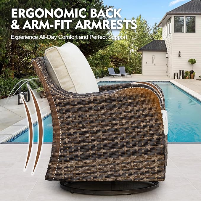 MEISSALIVVE 6 Pieces Patio Furniture Set with 43" Fire Pit Table, Wicker Patio Conversation Set with Swivel Rocking Chairs, Outdoor Patio Set for Lawn Backyard Porch (Brown)