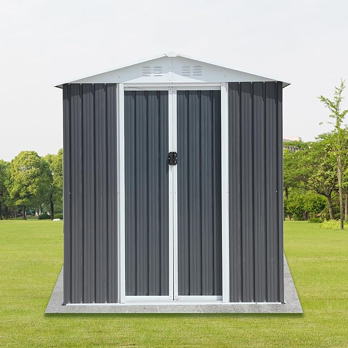 6x4 FT Outdoor Storage Shed with Base,Tool Shed with Sloped Roof and Lockable Door, Weather Resistant Metal Shed for Backyard Garden Patio Lawn,Grey