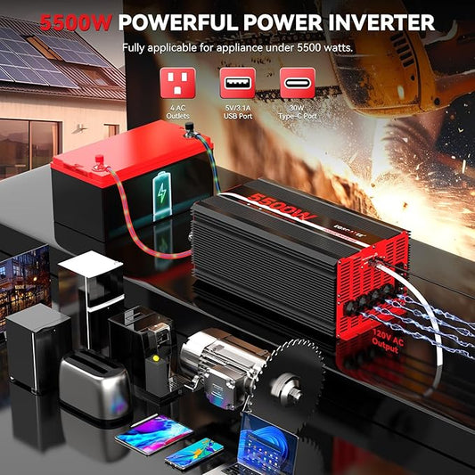5500W Power Inverter 12V DC to 120V AC Converter for Truck, Home, RV, Peak 11000W Off-Grid Solar Power Inverter with 4 AC Outlets, USB Port,Type-C Port, Remote Controller with LCD Screen
