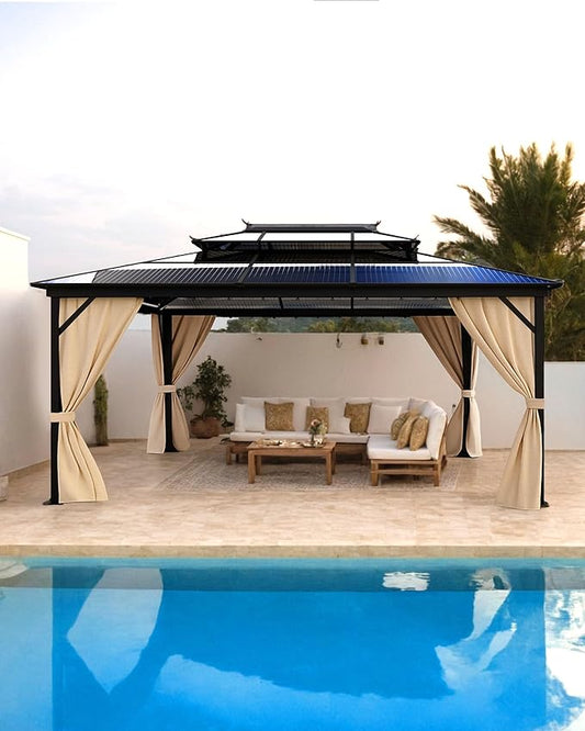 GarveeLife Hardtop Gazebo 10 ft x13 ft for All Weather, Double Polycarbonate Sheets Roof, Aluminum Alloy Frame, Net, and Curtain, Permanent Building for Patio, Deck, Backyard, Lawn, and Garden