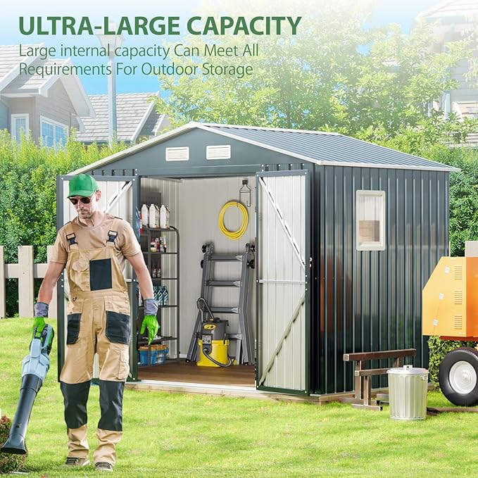 8x6FT Outdoor Steel Storage Shed with Clear Window, Lockable Doors, Weather-Resistant Metal Tool Shed for Garden, Backyard, Patio, and Utility Storage